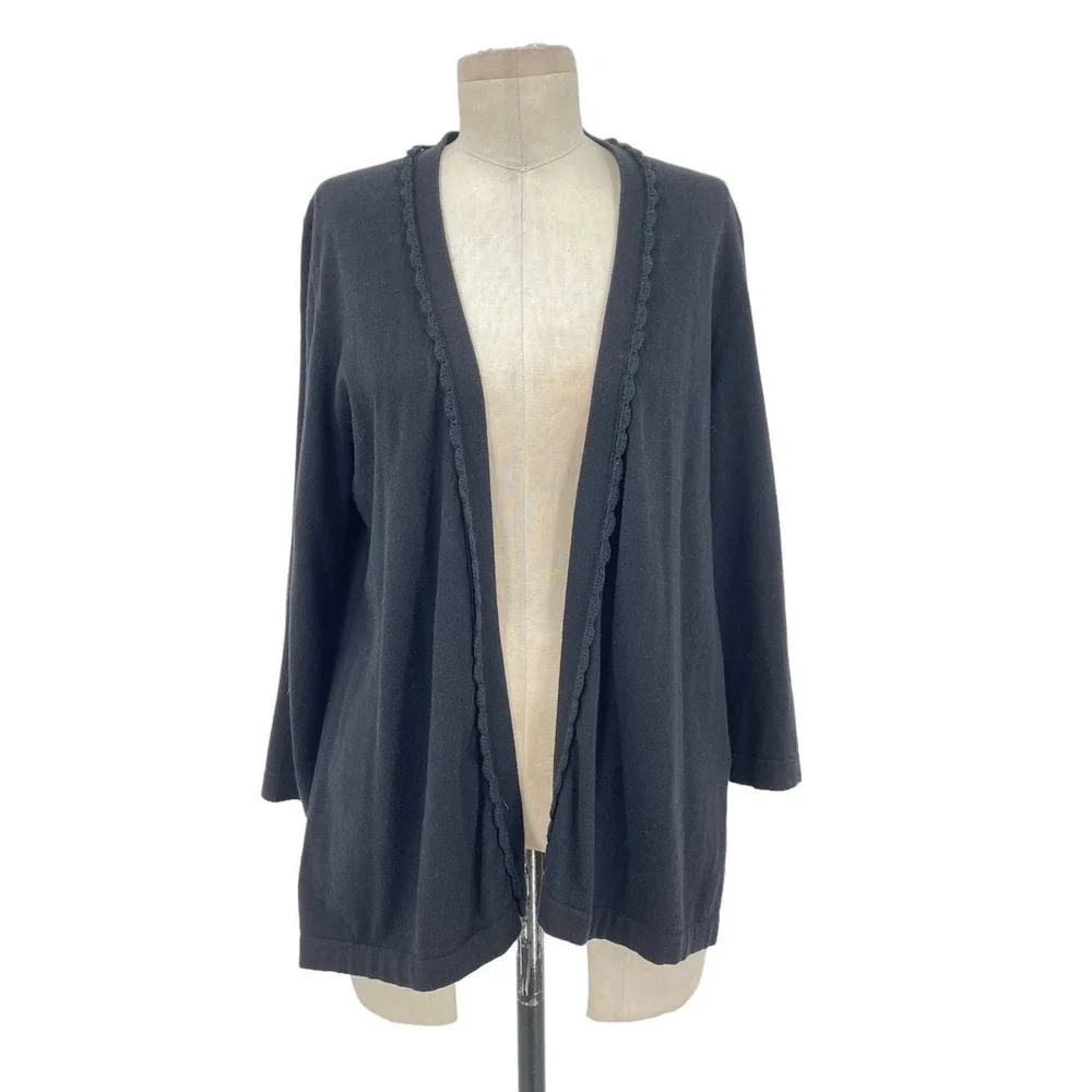 Kate Spade Black Scallop Trim Cotton Cashmere Cardigan Sweater Size Large